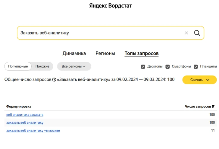 Подбор слов в Яндекс.Вордстат