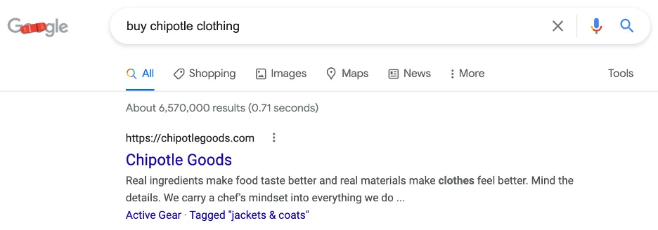 Скриншот из поиска по запросу [купить одежду Chipotle], Google, январь 2022 года.