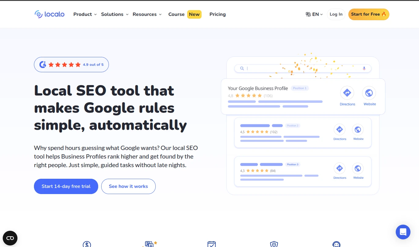 Домашняя страница Localo, локальный инструмент SEO, упрощающий правила Google для предприятий.