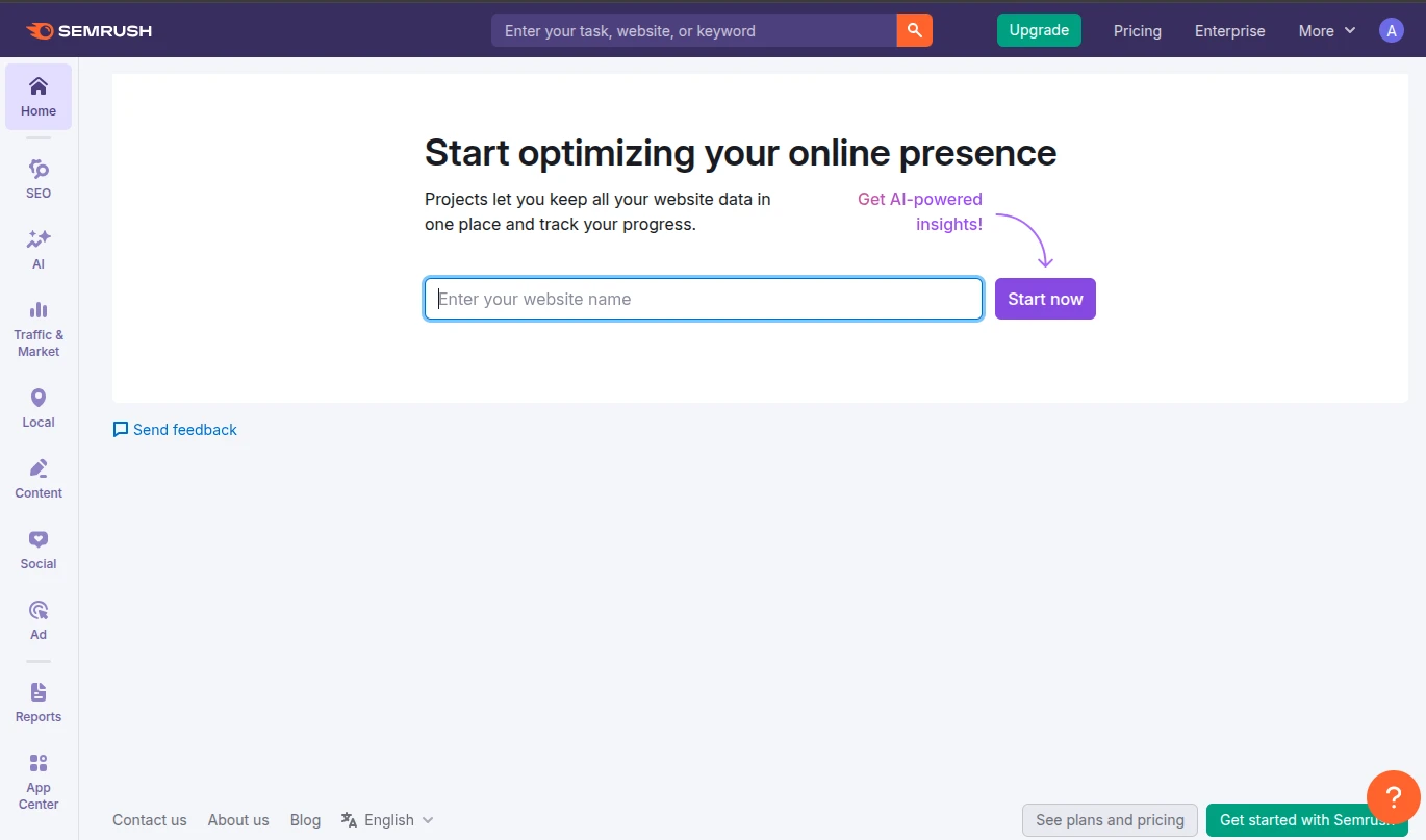 Домашняя страница Semrush, маркетинговая платформа на базе искусственного интеллекта для SEO и других инструментов.