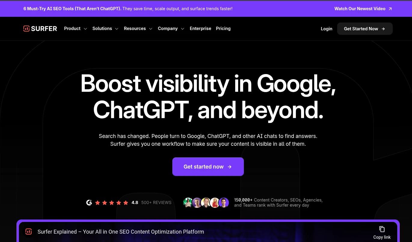 Целевая страница Surfer SEO: «Повысьте видимость в Google, ChatGPT и не только».